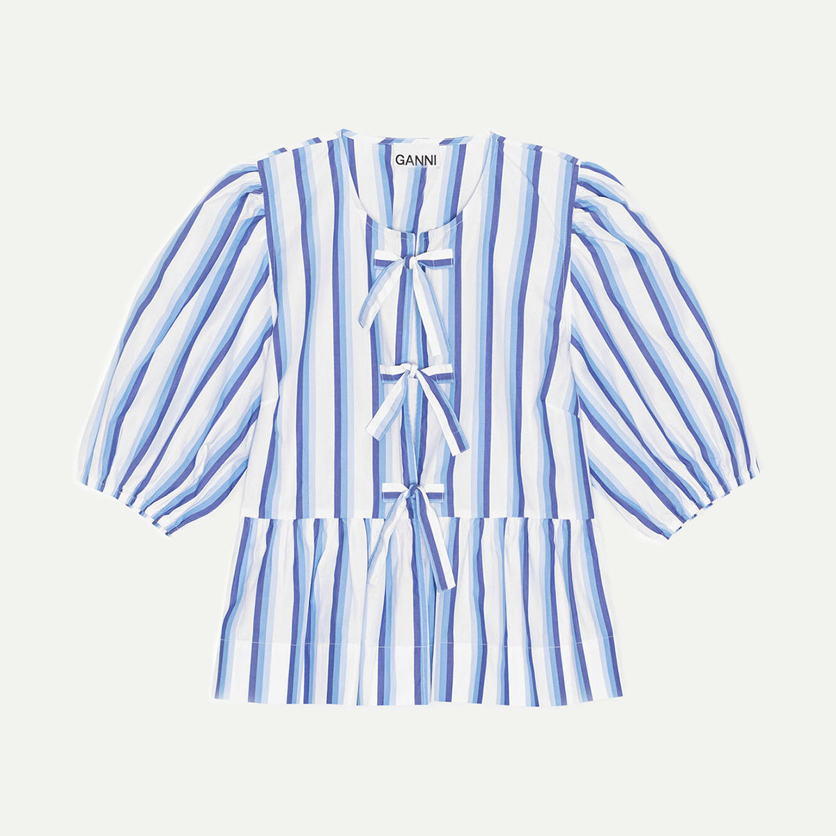 GANNI Silver Blue Stripe Cotton Peplum Puff Sleeve Blouse