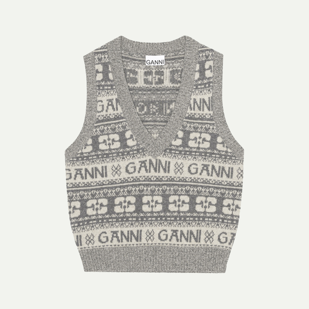 GANNI Frost Gray Logo Wool Mix Vest