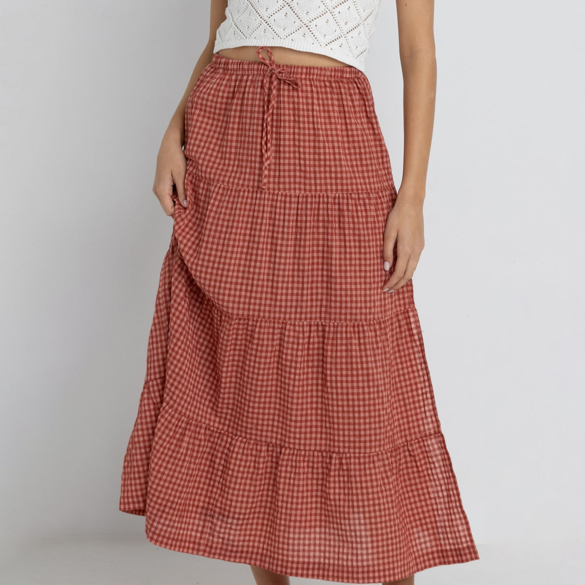 Rhythm Red Lola Check Tiered Maxi Skirt