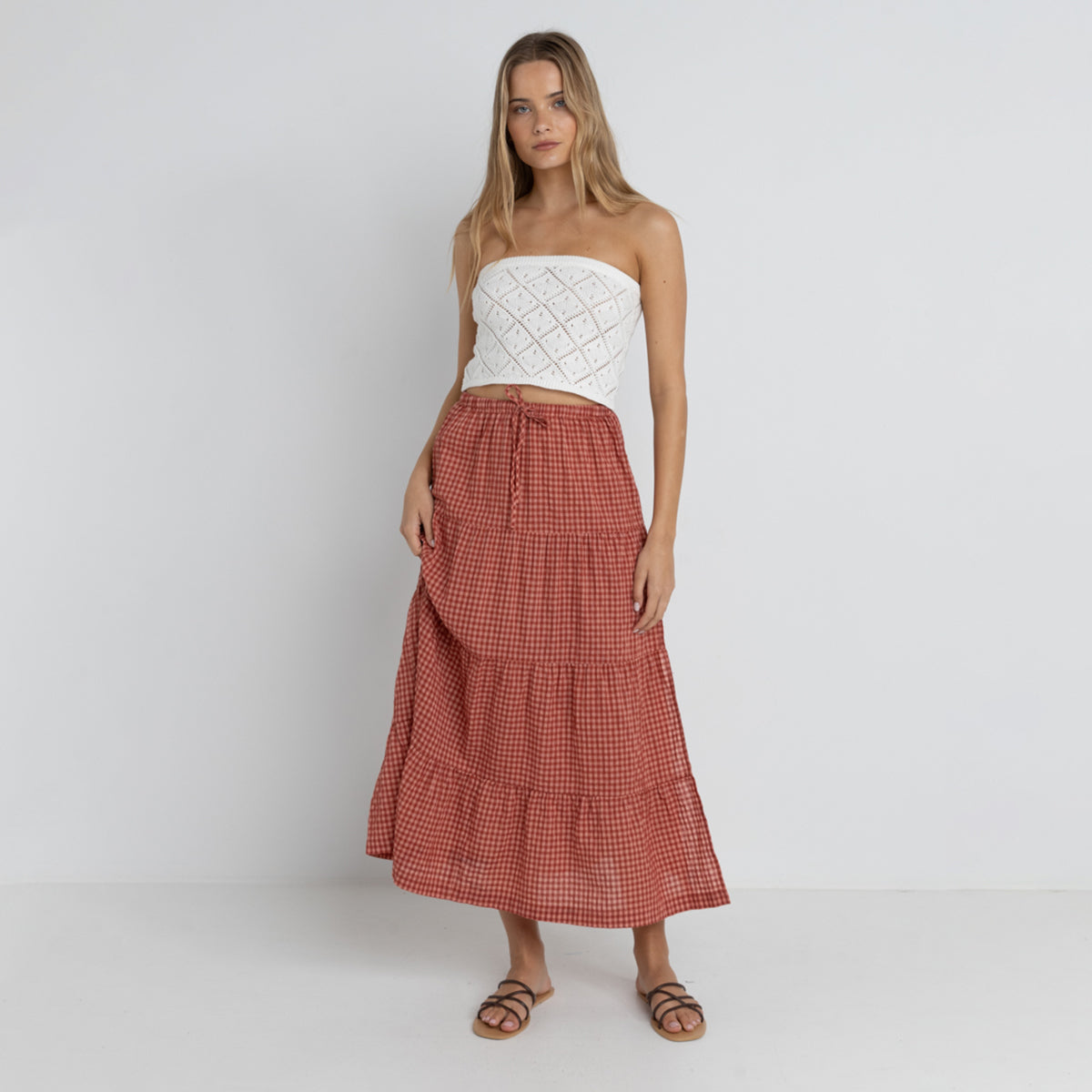 Rhythm Red Lola Check Tiered Maxi Skirt