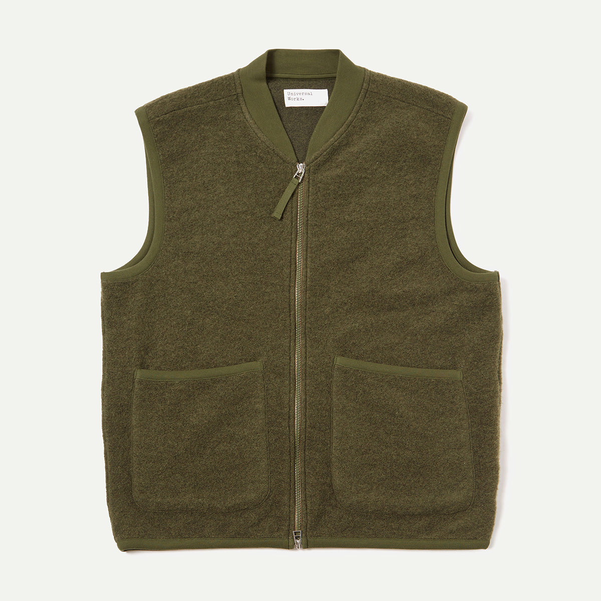 Universal Works Olive Wool Fleece Zip Waistcoat