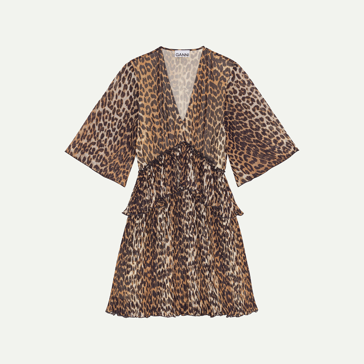Ganni Leopard Print Pleated Georgette V-Neck Flounce Mini Dress