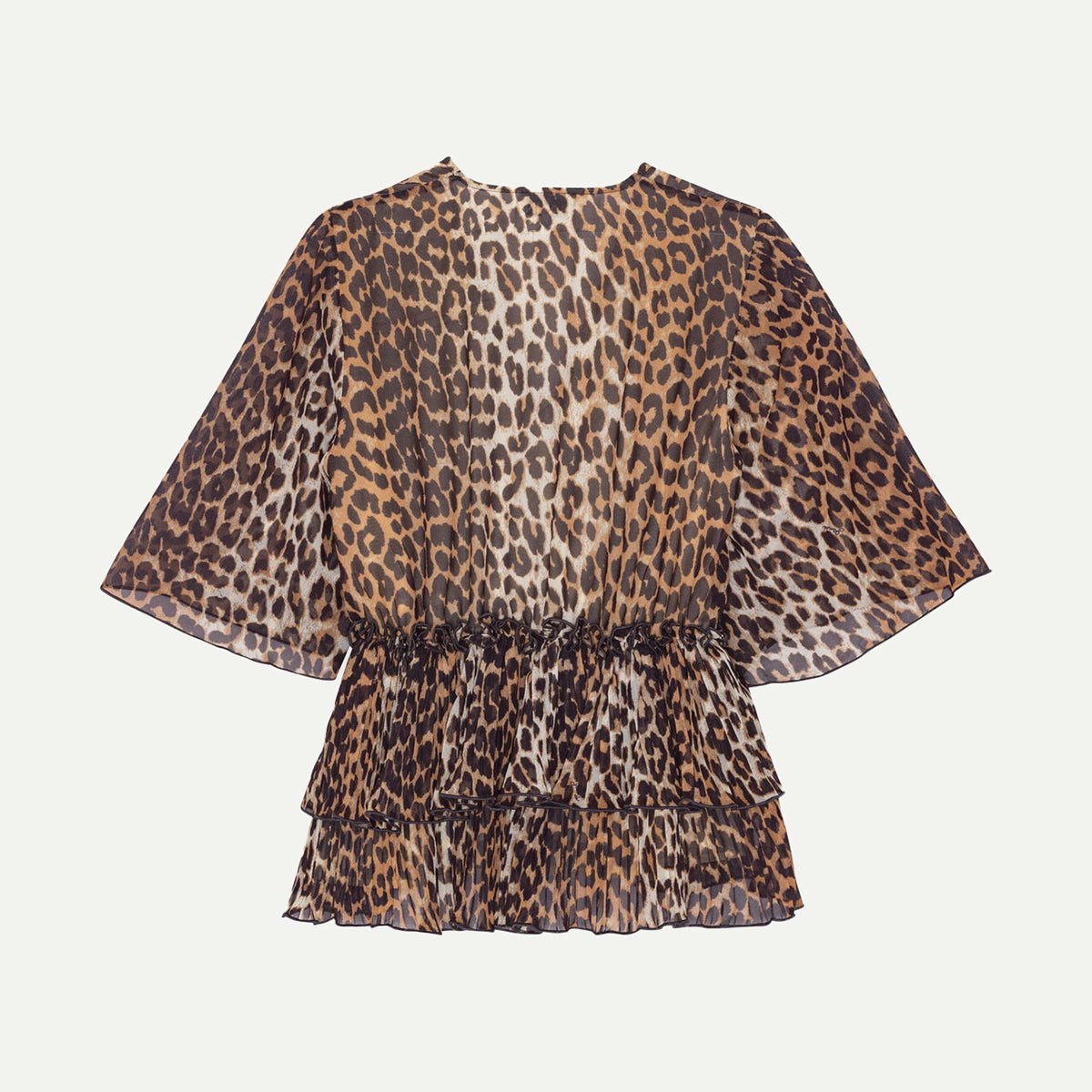 Ganni Leopard Print Pleated Georgette V-Neck Flounce Blouse