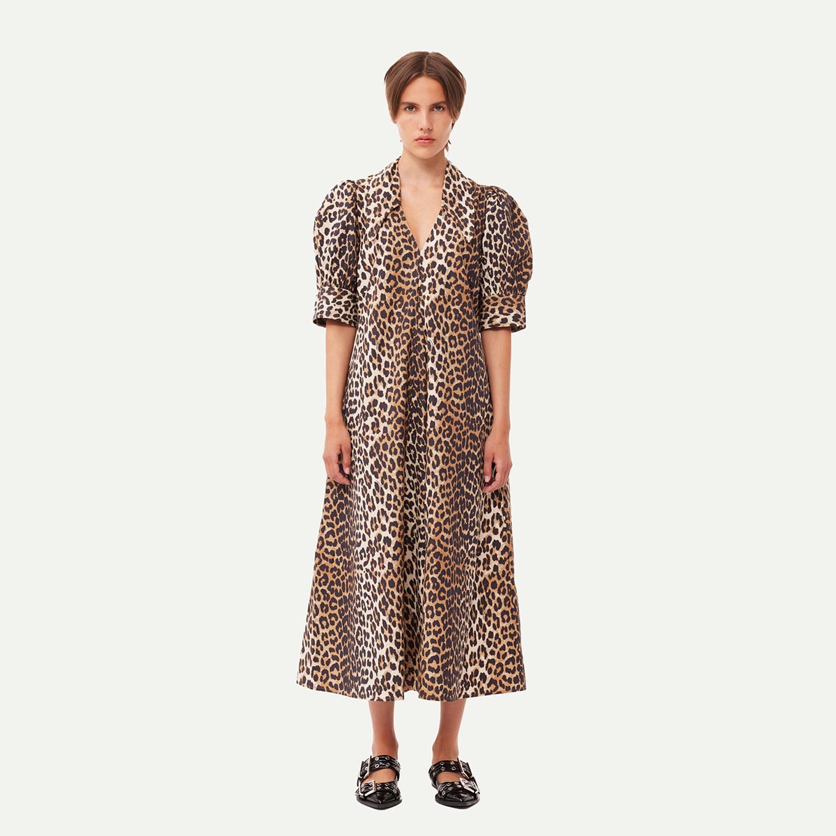 Ganni Leopard Print Cotton Poplin V-Neck Long Dress