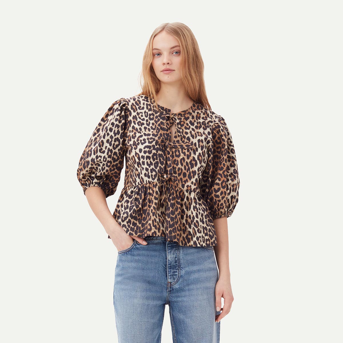 GANNI Leopard Print Cotton Poplin Peplum Blouse