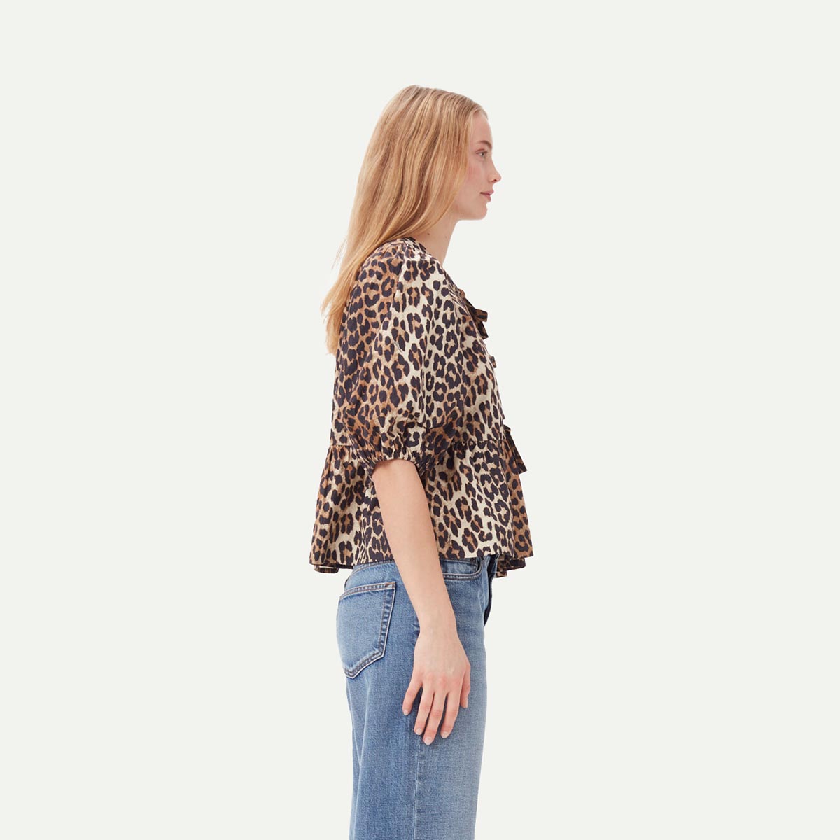 GANNI Leopard Print Cotton Poplin Peplum Blouse