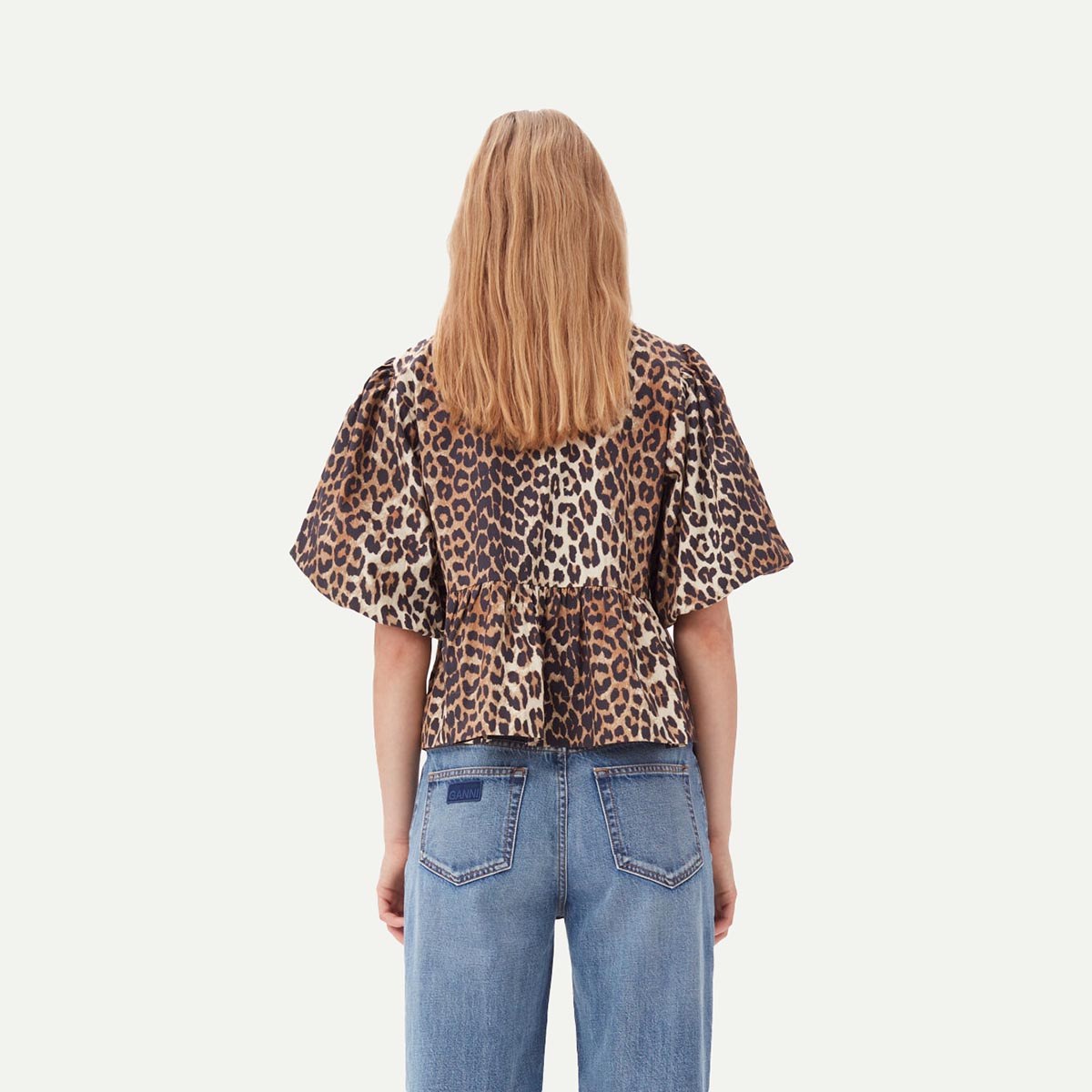 GANNI Leopard Print Cotton Poplin Peplum Blouse