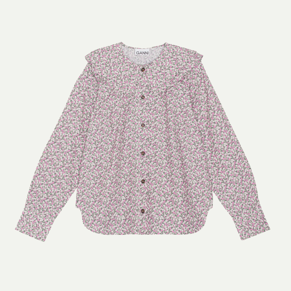 GANNI Frost Gray Printed Cotton Double-Collar Shirt