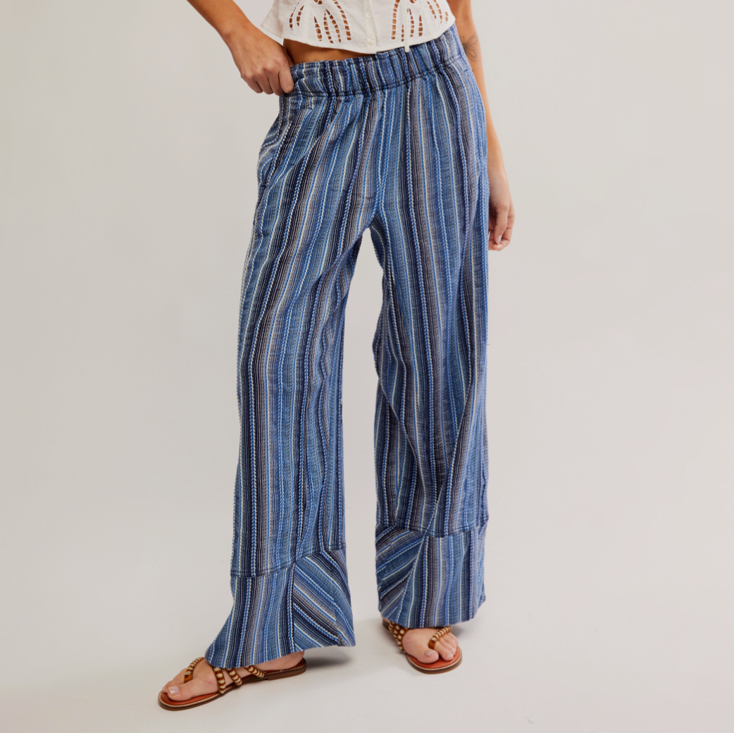 Free People Indigo Combo Days End Linen Stripe Trouser