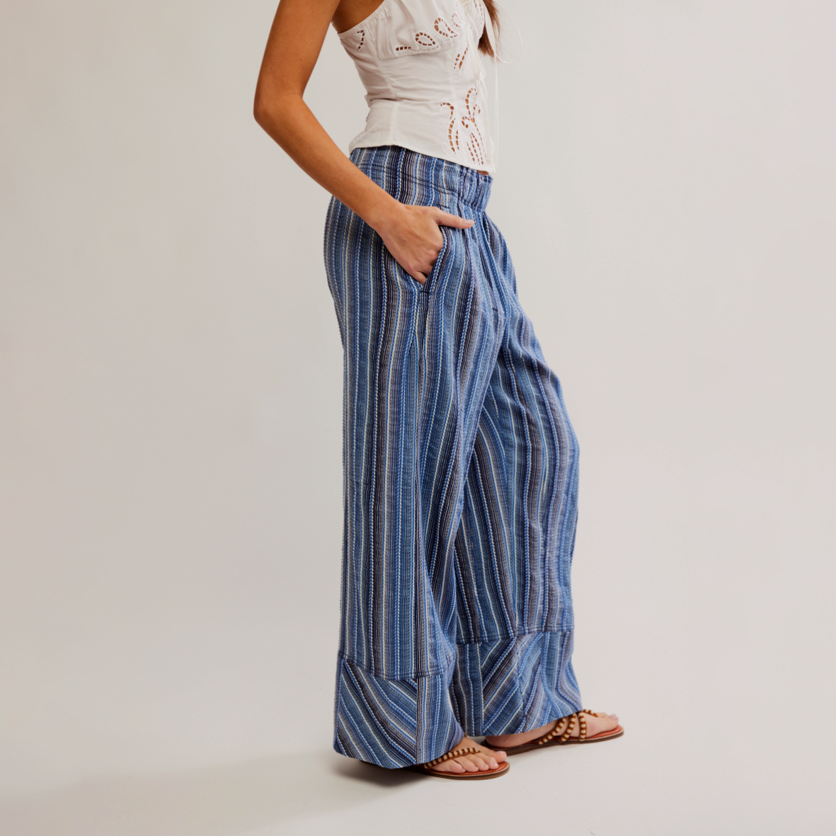 Free People Indigo Combo Days End Linen Stripe Trouser