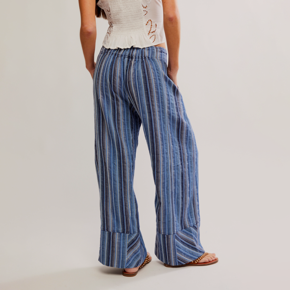 Free People Indigo Combo Days End Linen Stripe Trouser