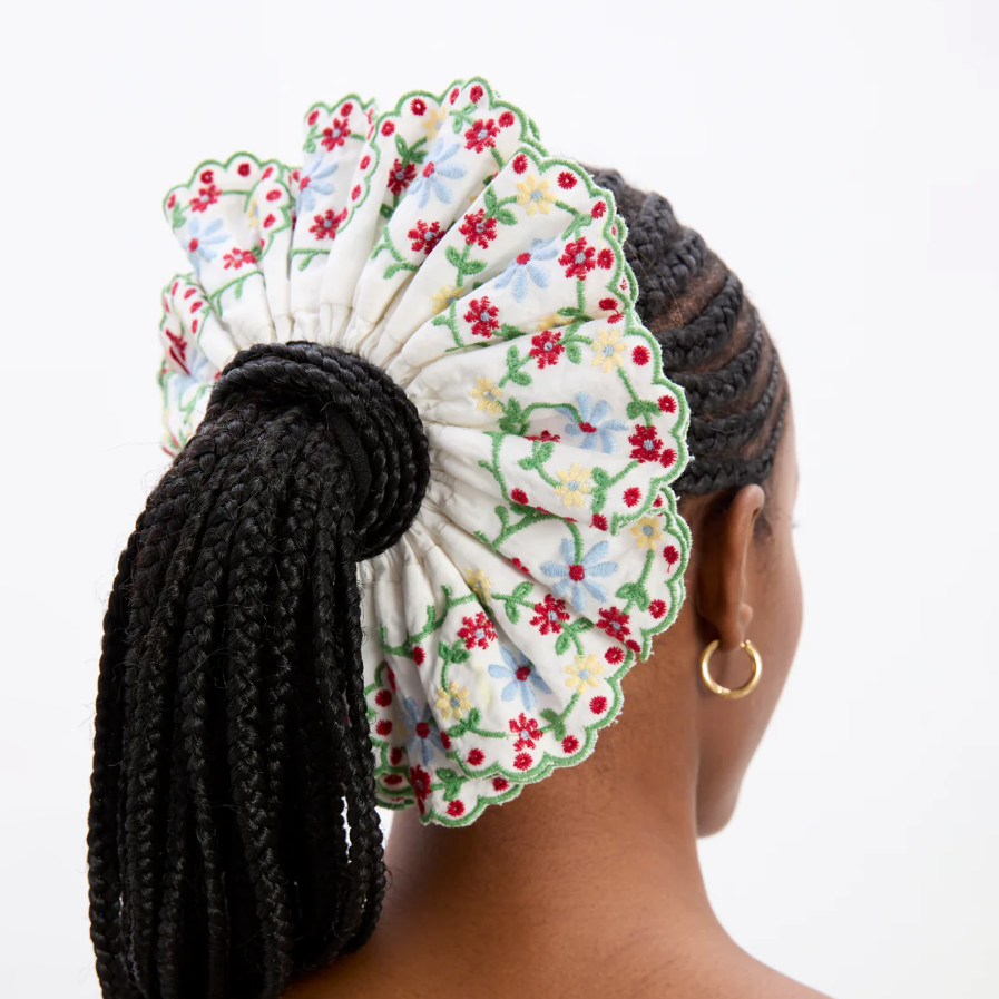 Damson Madder White Rose Embroidered Scrunchie