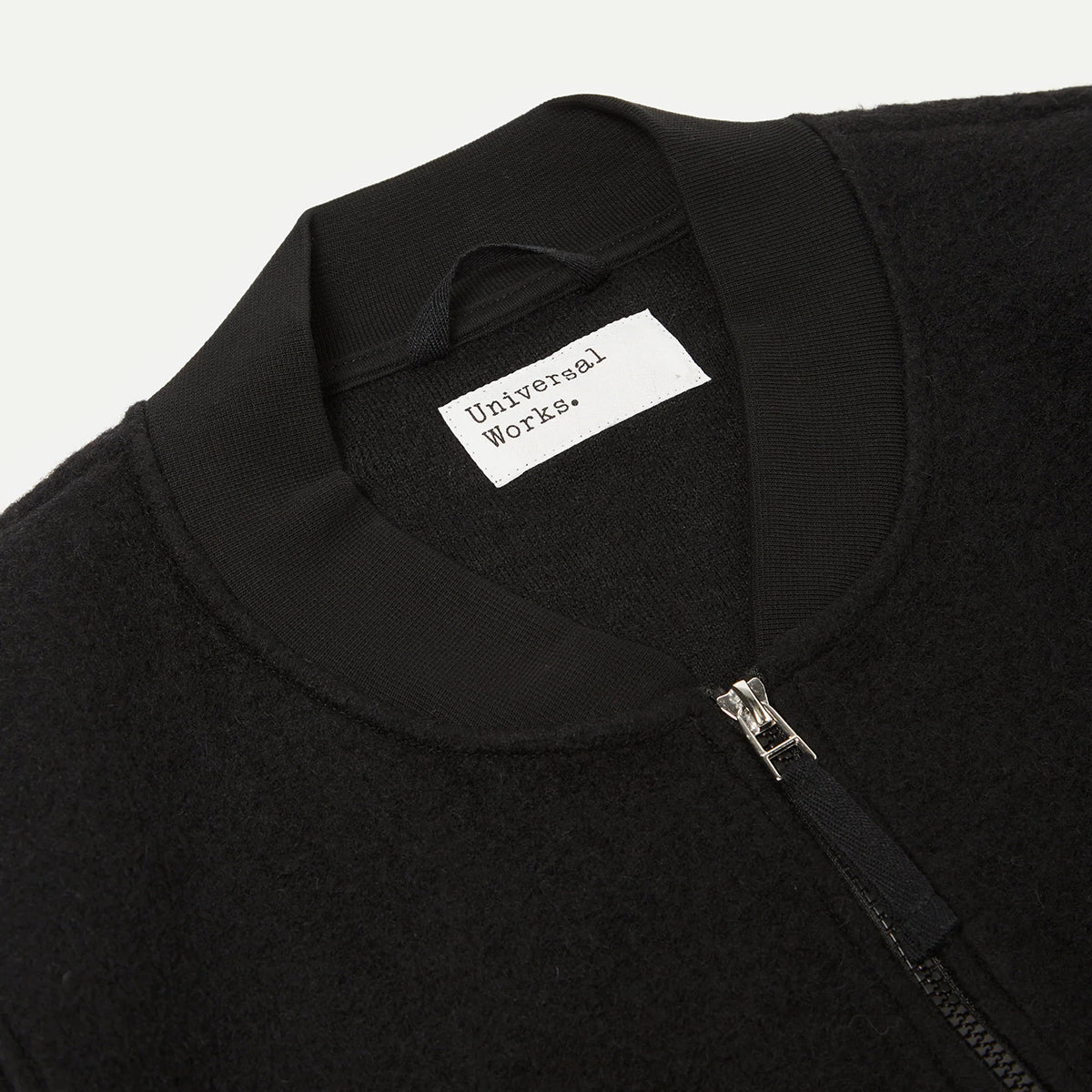 Universal Works Black Wool Fleece Zip Bomber