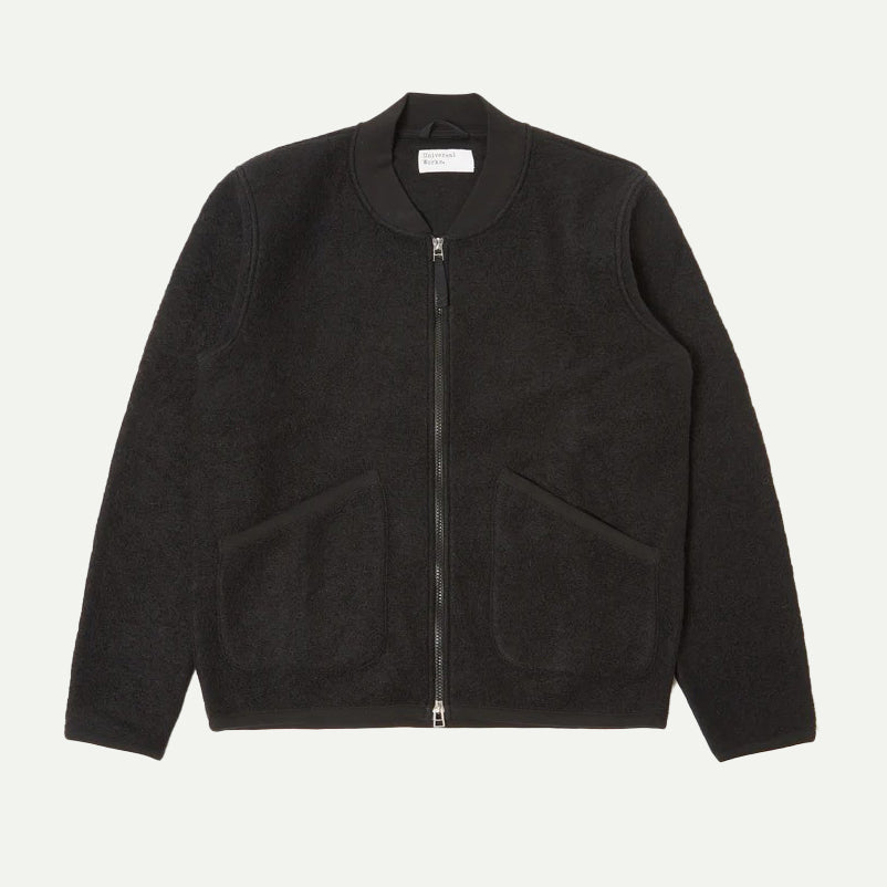 Universal Works Black Wool Fleece Zip Bomber