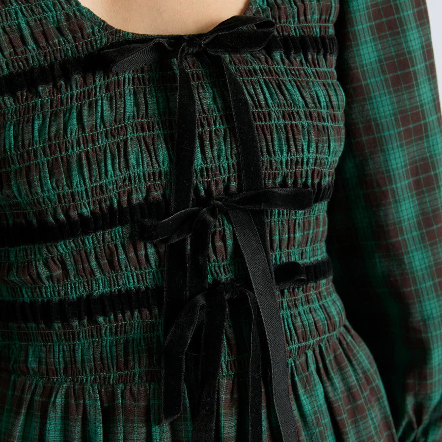 Damson Madder Green Check Elle Shirred Midi Dress