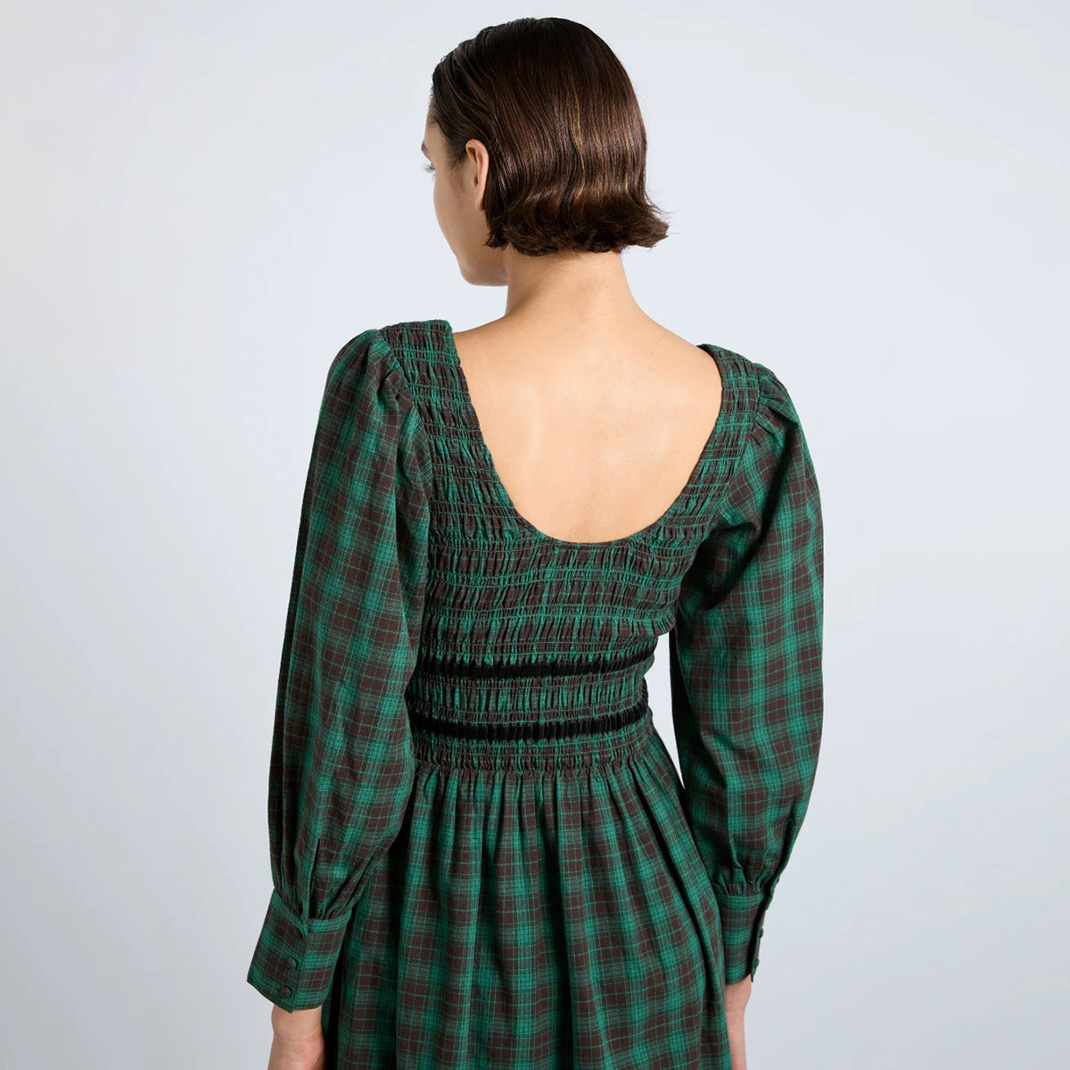 Damson Madder Green Check Elle Shirred Midi Dress