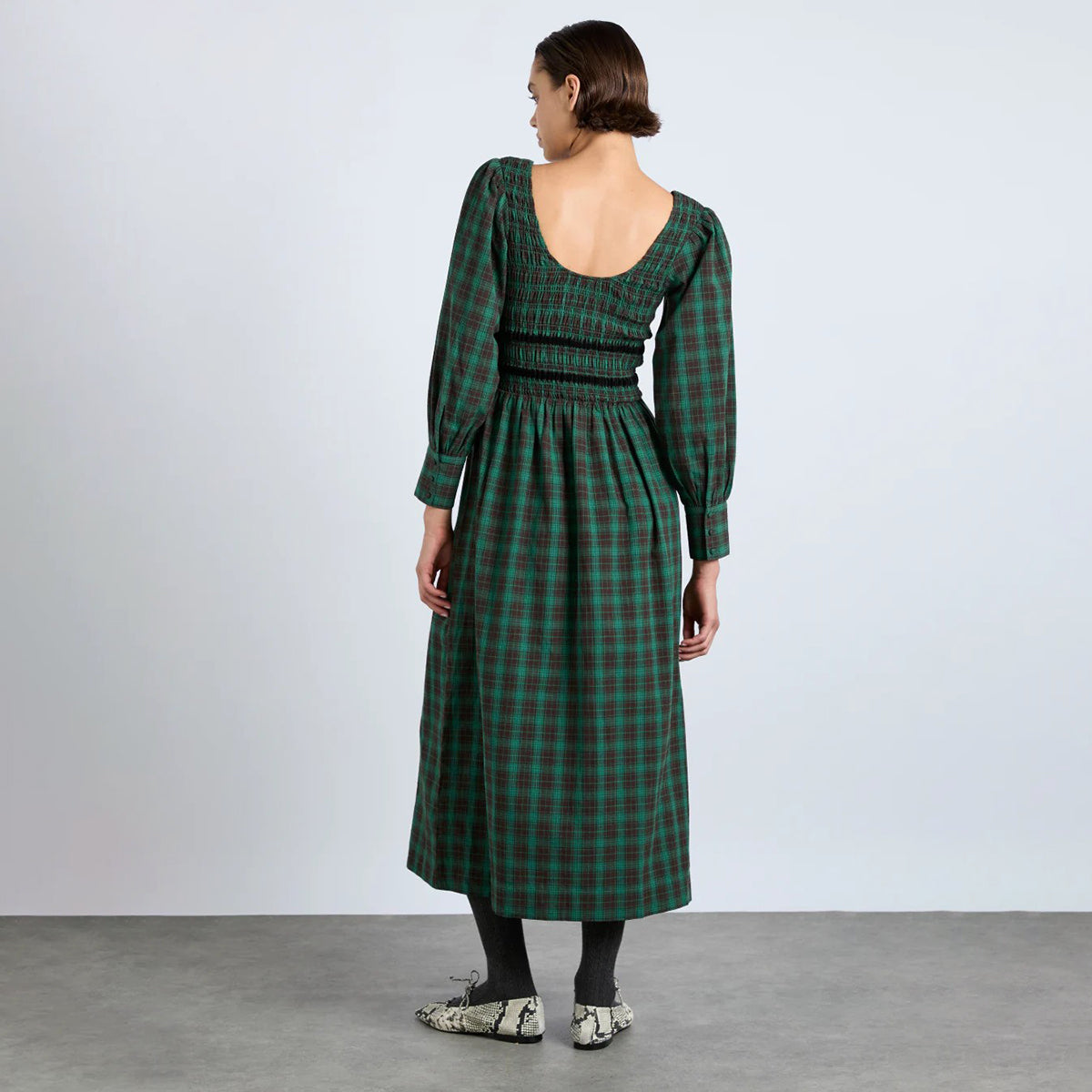 Damson Madder Green Check Elle Shirred Midi Dress