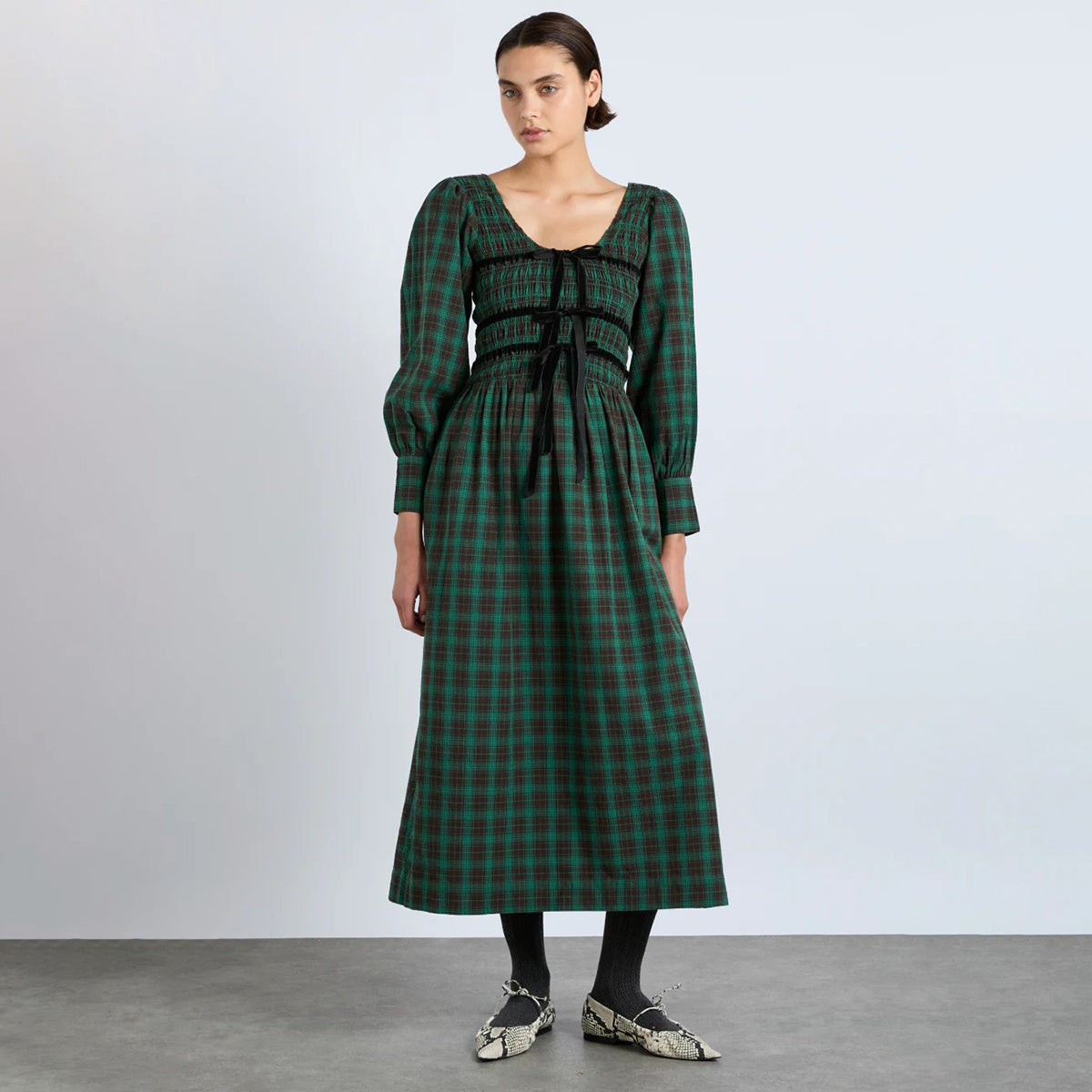 Damson Madder Green Check Elle Shirred Midi Dress