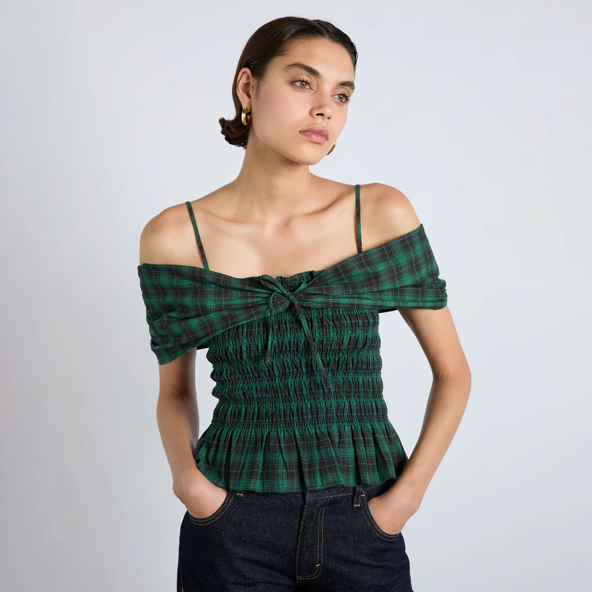 Damson Madder Green Check Elsa Shirred Bardot Cami