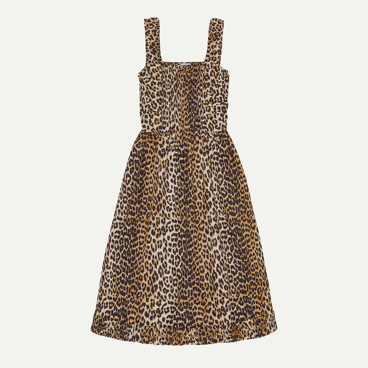 GANNI Leopard Printed Cotton Midi Strap Smock Dress