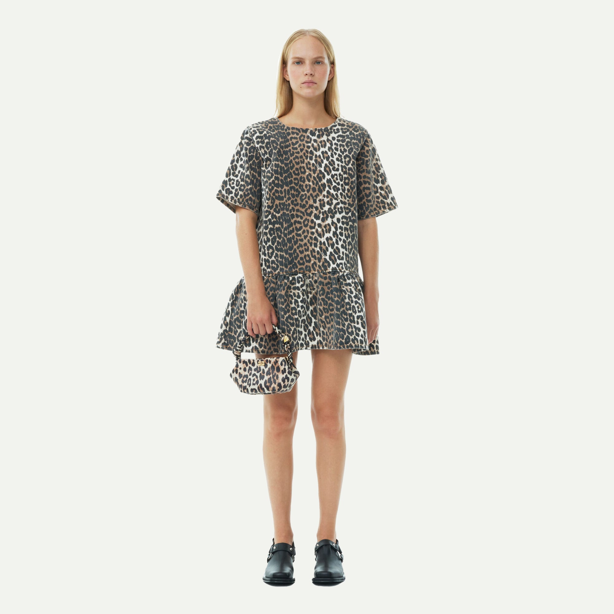 GANNI Leopard Print Denim Open-back Mini Dress