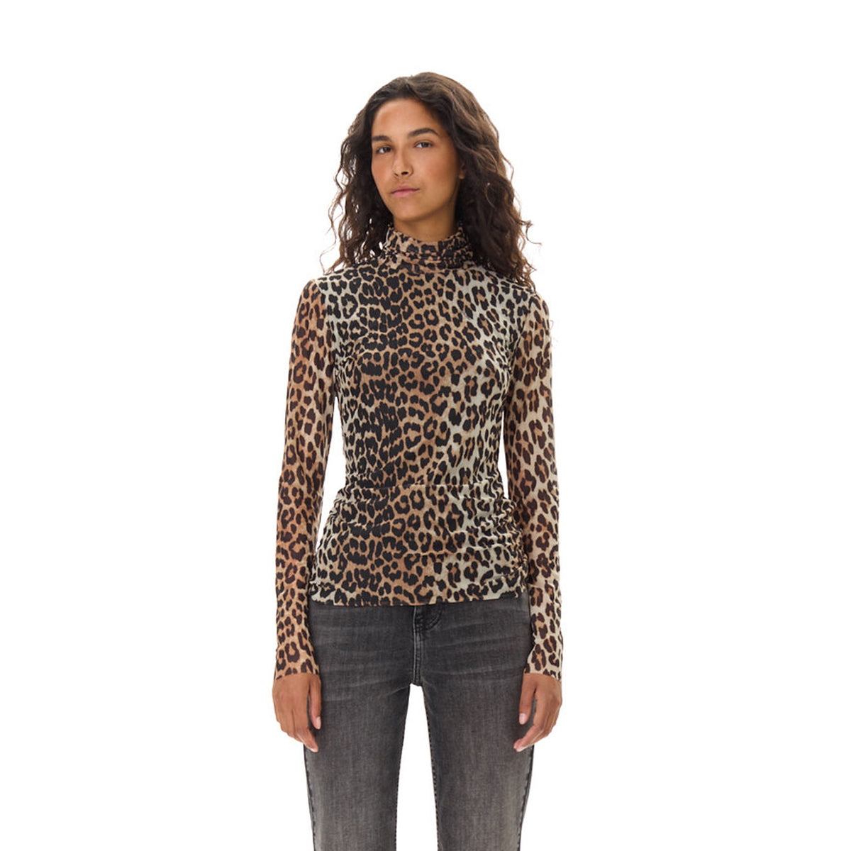 GANNI Leopard Print Mesh Longsleeve Rollneck