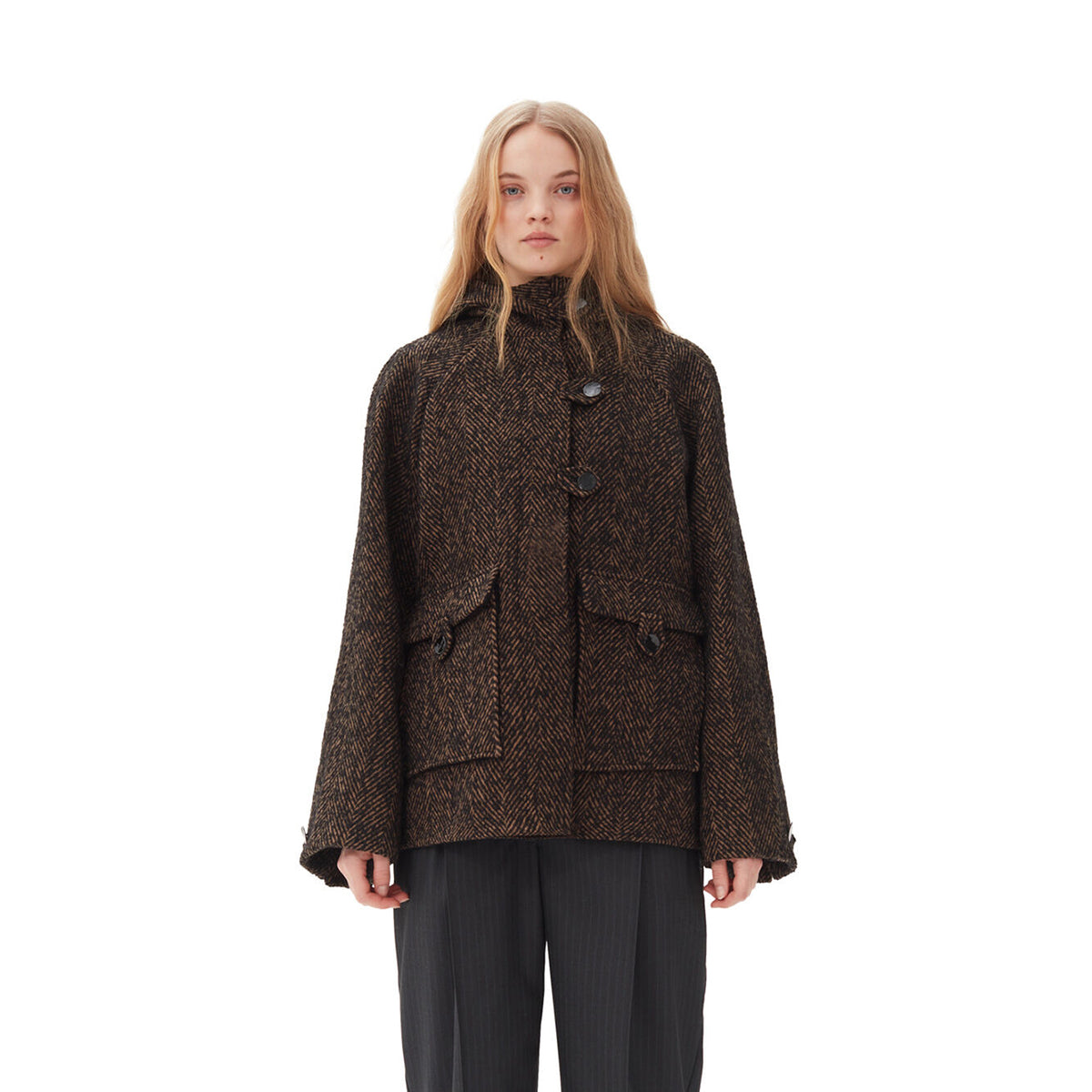 GANNI Shitake Herringbone Wool Midi Jacket