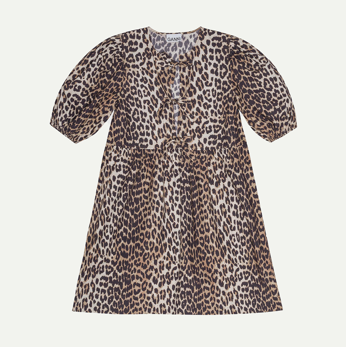 GANNI Leopard Print Poplin Tie String Mini Dress