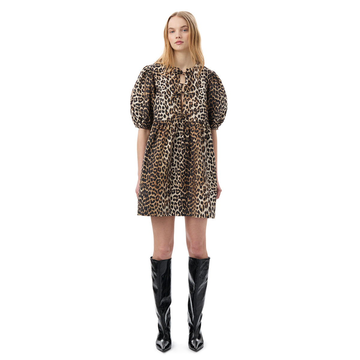 GANNI Leopard Print Poplin Tie String Mini Dress