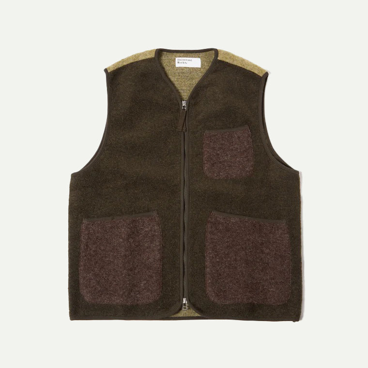 Universal Works Mixed Olive Wool Fleece Zip Waistcoat