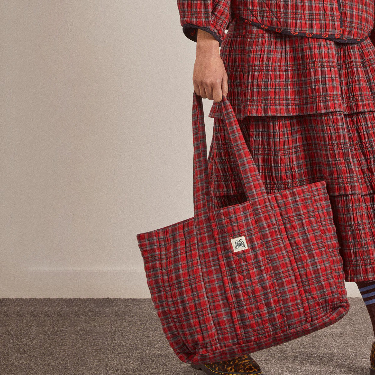 Damson Madder Red Check Reversible Tote Bag