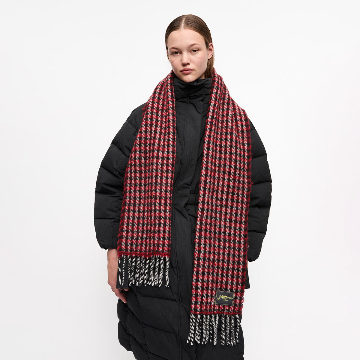 GANNI Racing Red Check Fringed Scarf