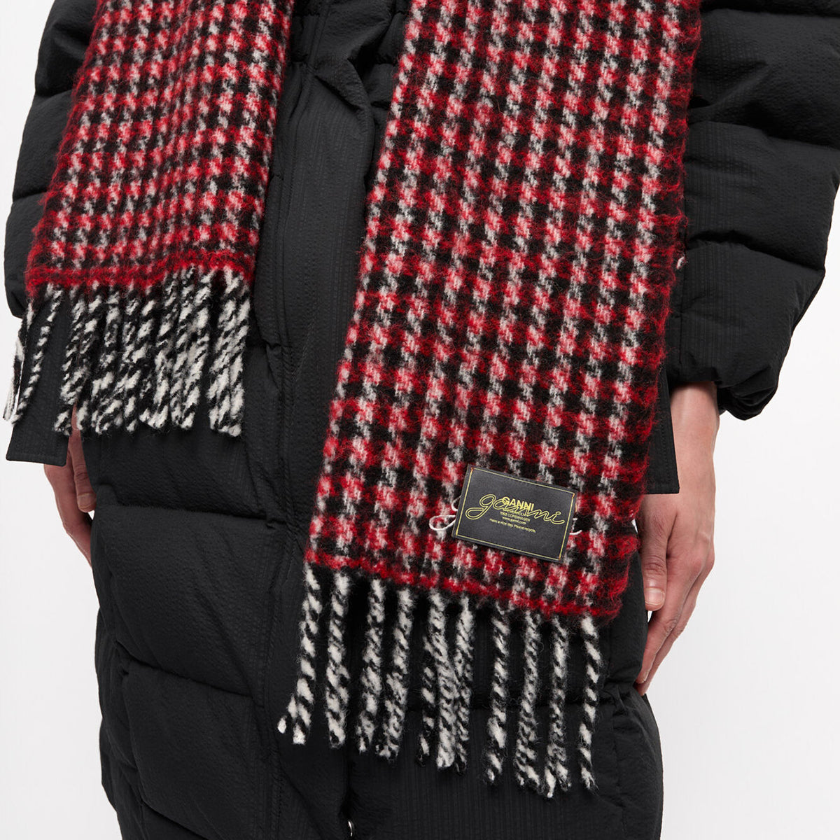 GANNI Racing Red Check Fringed Scarf