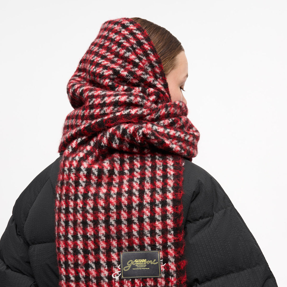 GANNI Racing Red Check Fringed Scarf