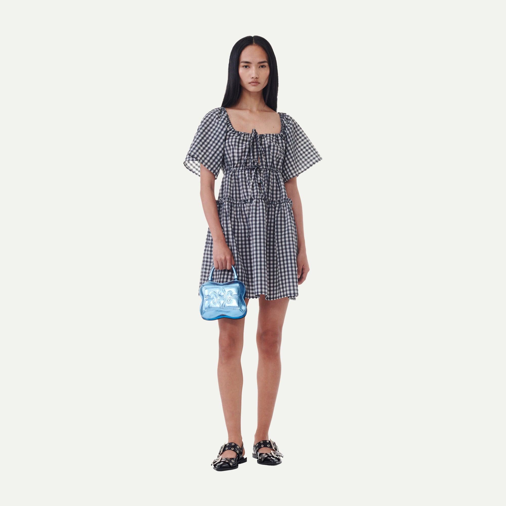 Ganni Egret Seersucker Check Mini Layer Dress