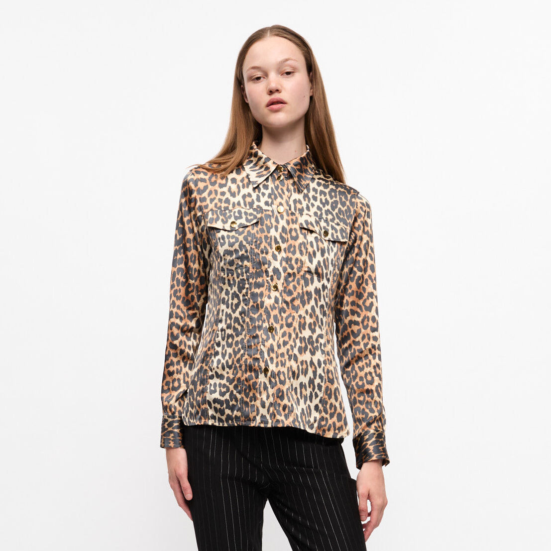 GANNI Leopard Print Satin Shirt