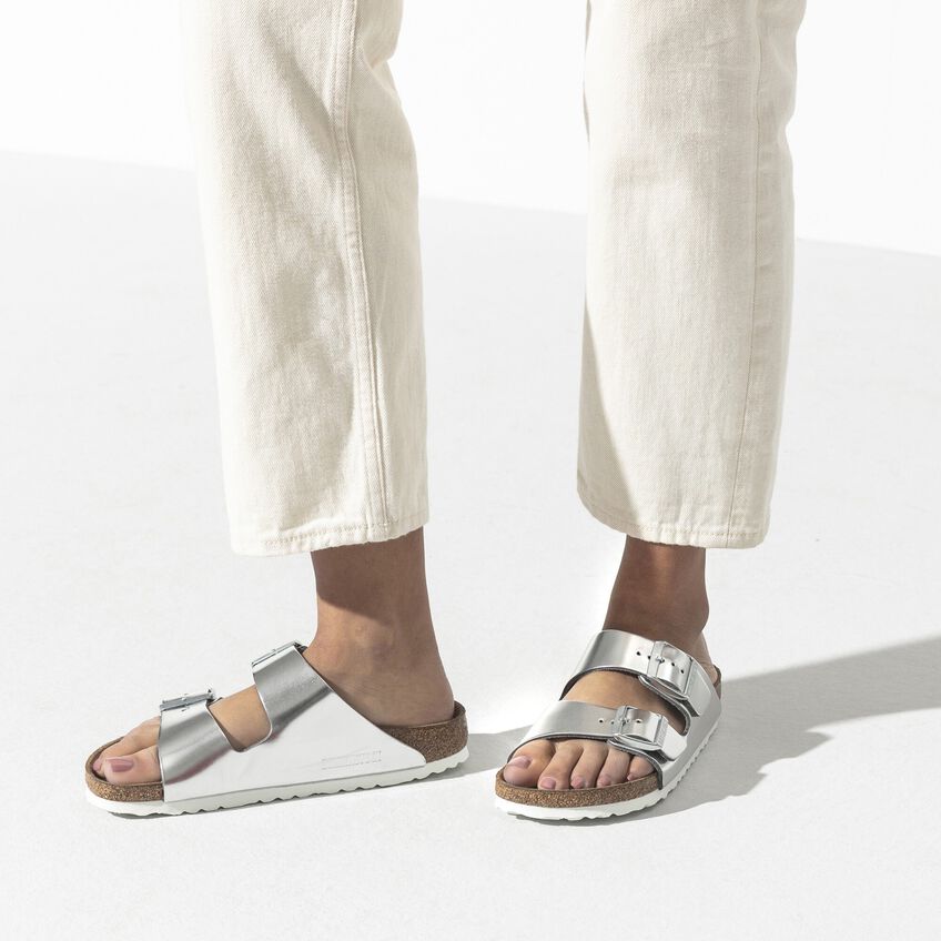 Birkenstock Metallic Silver Leather Arizona Sandals