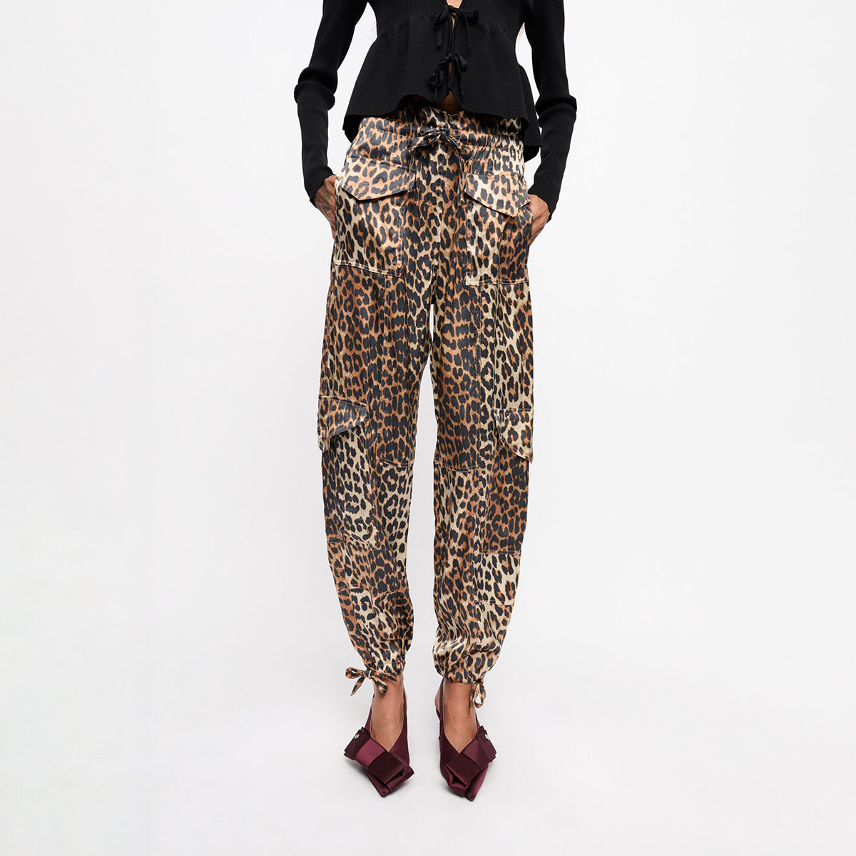 GANNI Leopard Print Satin Trousers