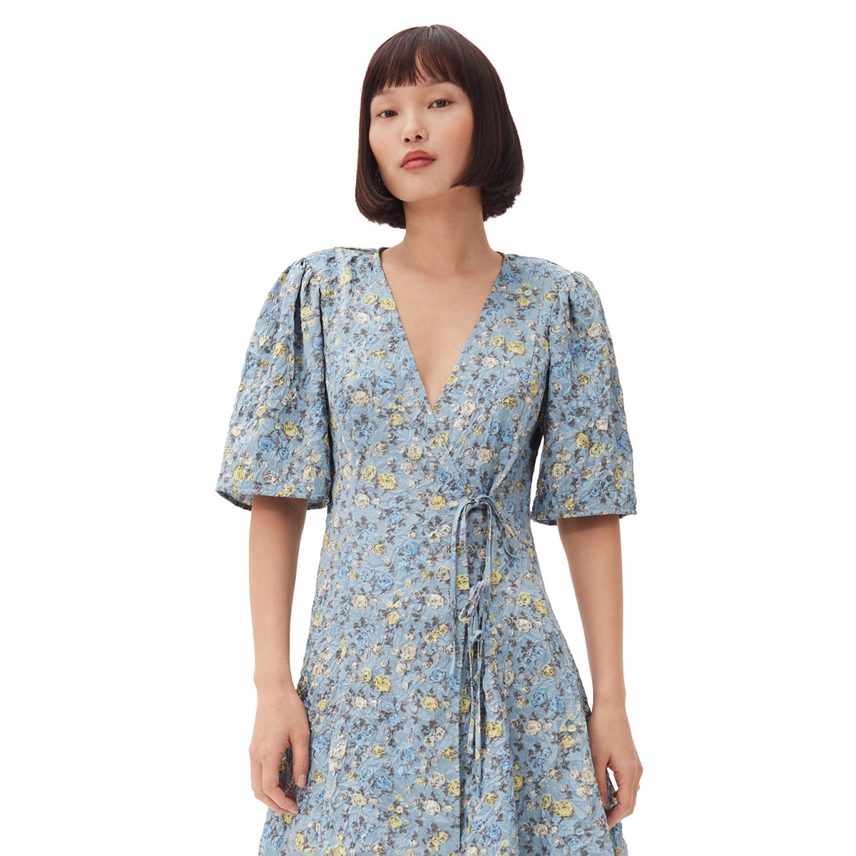 GANNI Dusty Blue Crinkled Satin Mini Wrap Dress